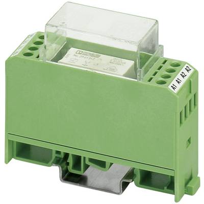 A green relay for DIN rail mounting, suitable for use in control cabinets for controlling electrical loads.