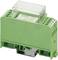 A green relay for DIN rail mounting, suitable for use in control cabinets for controlling electrical loads.