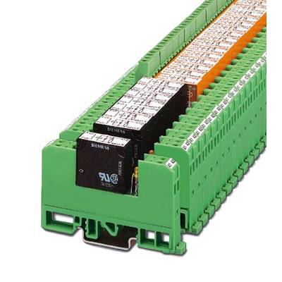 Green relay module with multiple relays in series, designed for mounting on a DIN rail. It is used for control and switching technology.