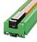 Green relay module with multiple relays in series, designed for mounting on a DIN rail. It is used for control and switching technology.
