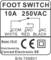 Label for foot switch; shows circuits for COM (white), NO (red) and NC (black), 10A 250VAC. Model FS-01. CE mark.