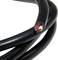 Black coaxial cable, cut end showing white and red wires with copper strands.