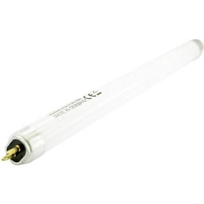 White, cylindrical fluorescent tube with two metal pins at one end, labelled 'Made in Germany'.