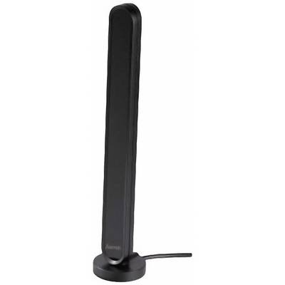 Black, vertical rod antenna with a round base stand and attached cable. Ideal for receiving television signals.