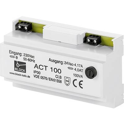 'BLOCK ACT 100 Transformer, Inputs: 230 V AC, 50-60 Hz, Outputs: 24 V AC, 4.17 A, 100 VA. IP00. VDE 0570/EN 61558.'