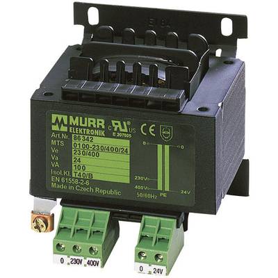 An electrical transformer by Murr Elektronik, Part No. 86342, with voltage specifications and connection terminals. Manufactured in the Czech Republic.