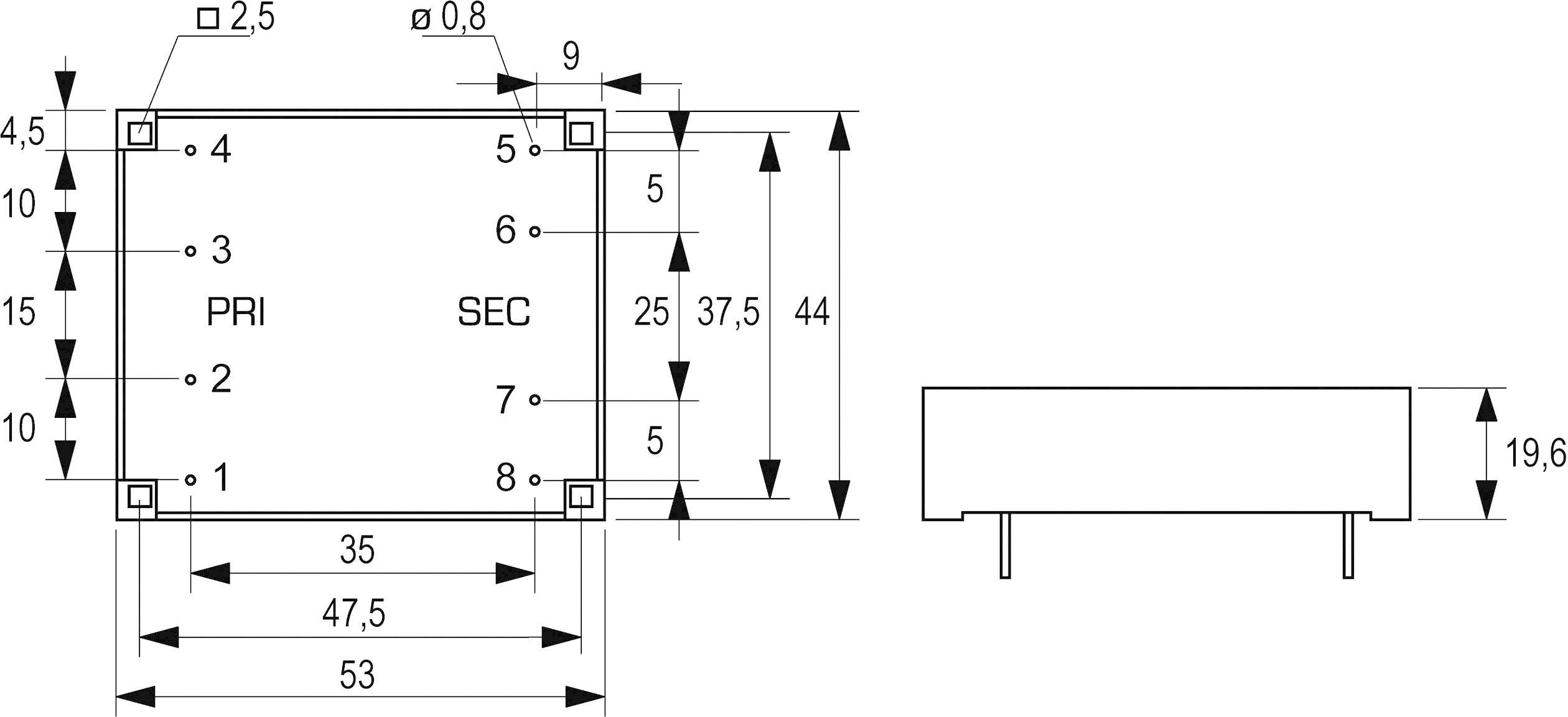 'Transformer diagram: Top: Primary side (PRI) on the left, Secondary side (SEC) on the right, dimensions in mm. Page: Height 19.6 mm.'