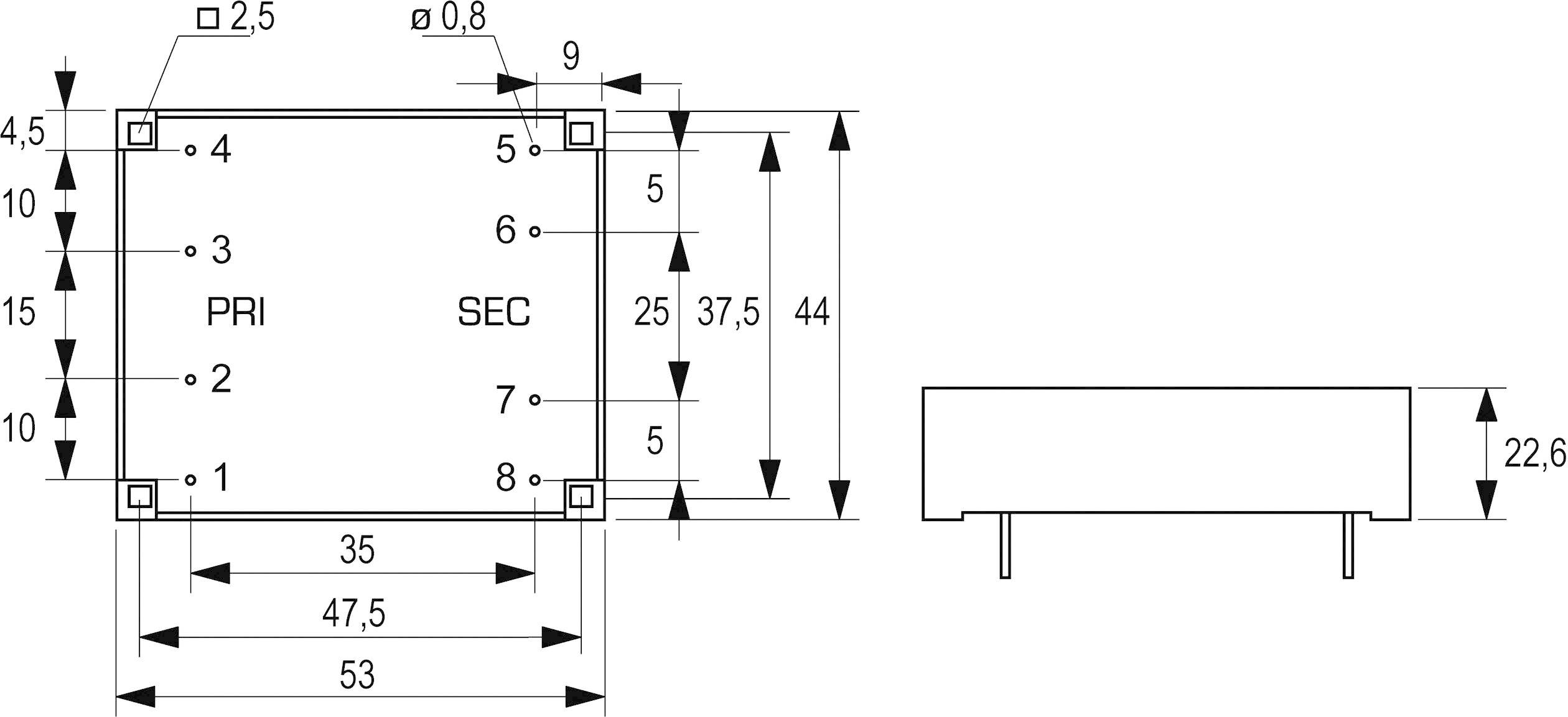 Dimensions of an electrical component with labels 'PRI' and 'SEC'. Measurements: 53 mm wide, 22.6 mm high, various pin spacings.