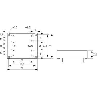 Dimensions of an electrical component with labels 'PRI' and 'SEC'. Measurements: 53 mm wide, 22.6 mm high, various pin spacings.