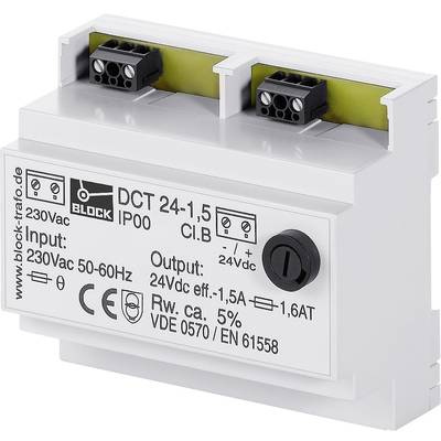 White power supply module with the inscription 'BLOCK DCT 24-1.5. Input: 230Vac 50-60Hz. Output: 24Vdc 1.5A'.