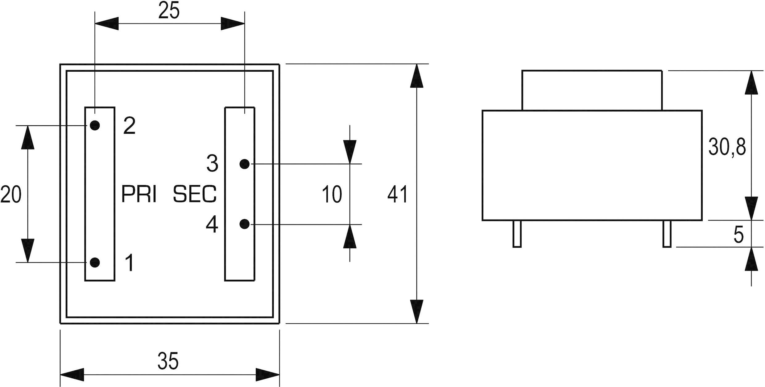 Technical drawing of a transformer with dimensions: 35x41mm top, 30.8mm height and 5mm connection length. Primary and secondary marked.