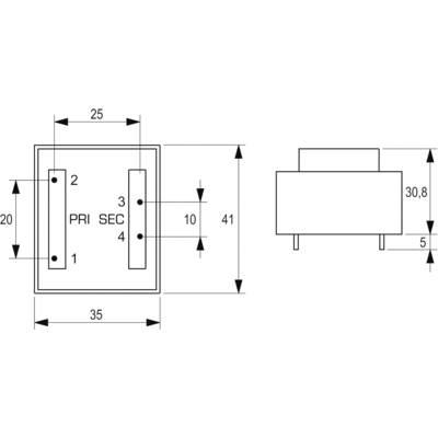 Technical drawing of a transformer with dimensions: 35x41mm top, 30.8mm height and 5mm connection length. Primary and secondary marked.