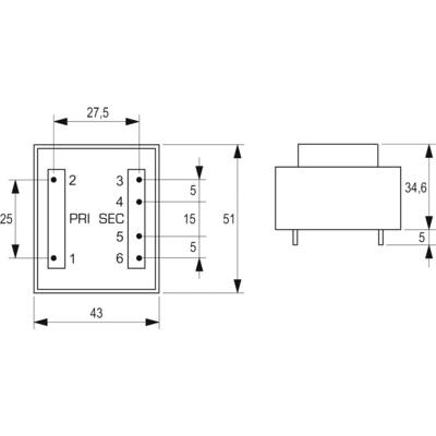Technical drawing of a transformer with primary and secondary terminals, dimensions specified in millimetres.