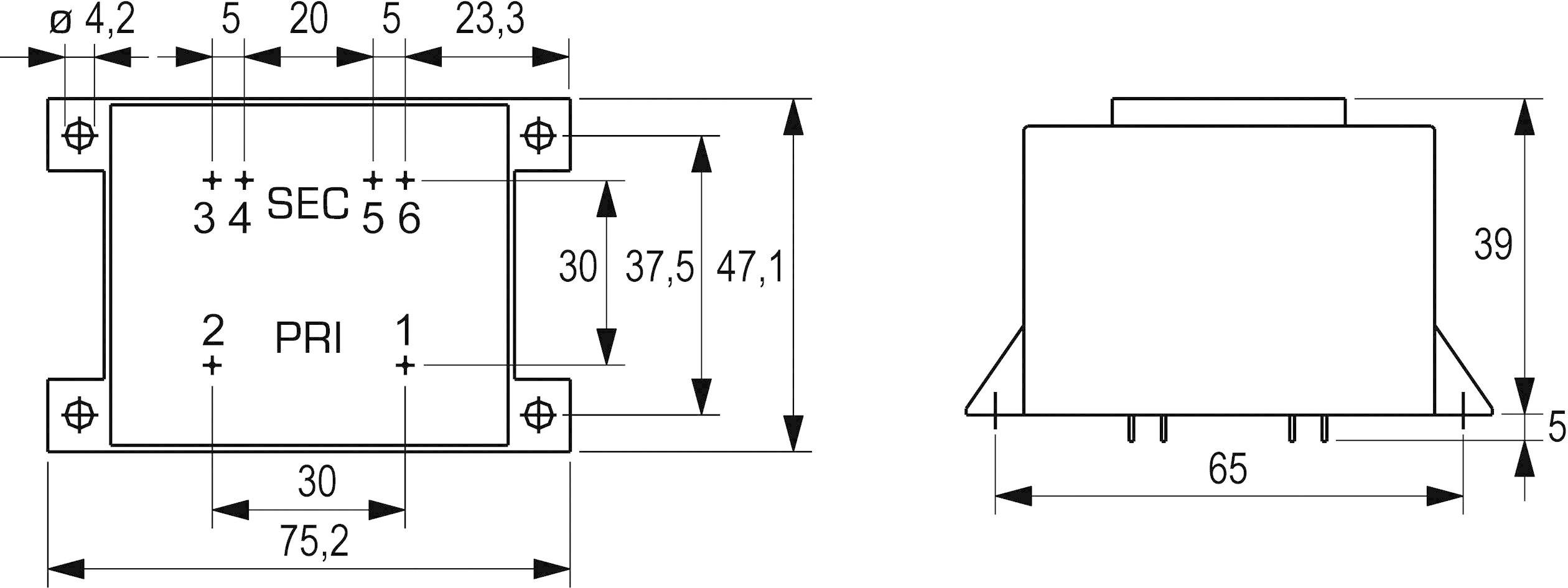 Diagram of a transformer showing dimensions and connection labels: primary side 'PRI', secondary side 'SEC', various measurement indications.