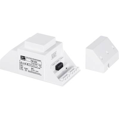 A white insulation transformer, Model TM 200, with technical specifications and safety certificates visible on the side.