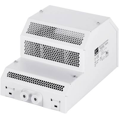 A rectangular, white electronic device with ventilation slots and ports, presumably a transformer, is depicted.