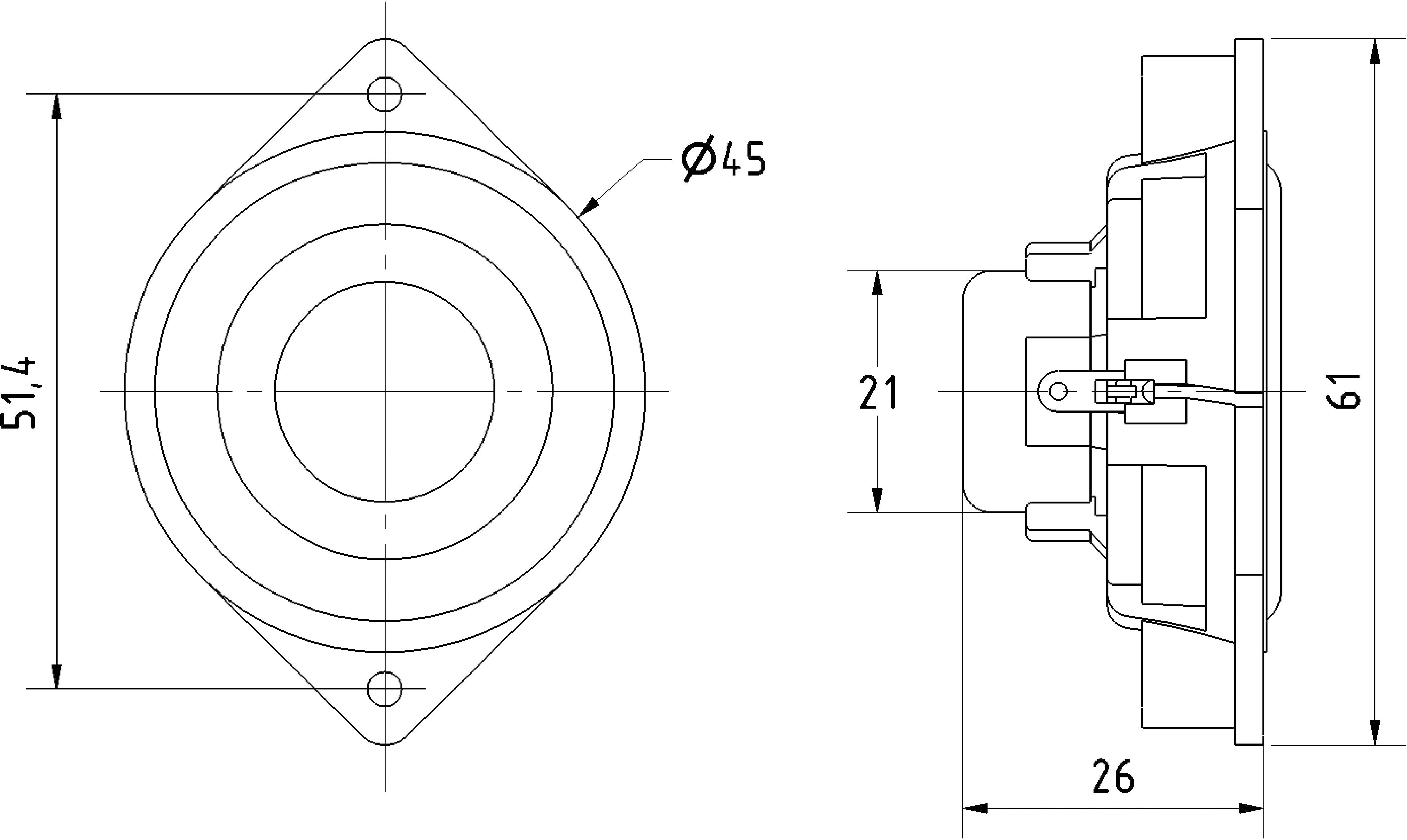 Technical Drawing of a Speaker with Dimensions: Diameter 45mm, Side Length 51.4mm, Depth 61mm, Connection at 21mm.