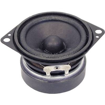 A round loudspeaker with a black enclosure and metal elements, suitable for audio reproduction in speaker systems.