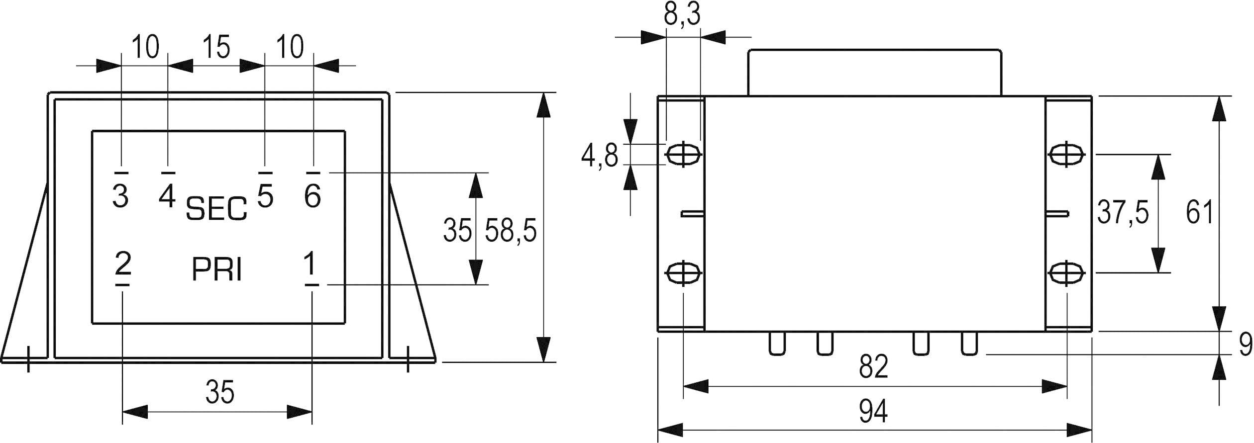 The circuit diagram shows the dimensions of an electrical transformer, with detailed measurements in millimetres across two views.