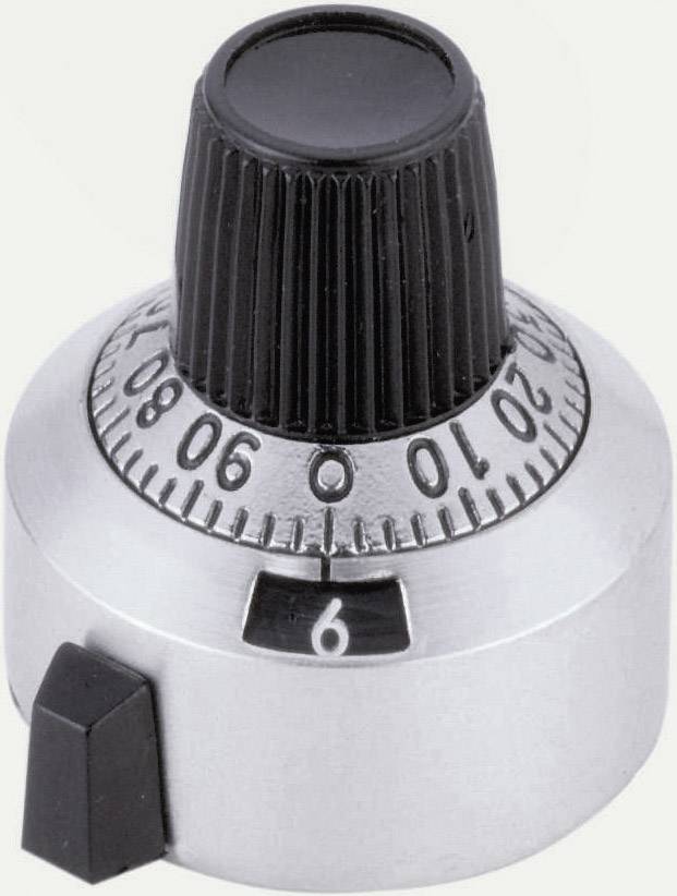A round kitchen timer made of metal with a black rotary knob and numbers ranging from 0 to 60. The timer is set to 6 minutes.