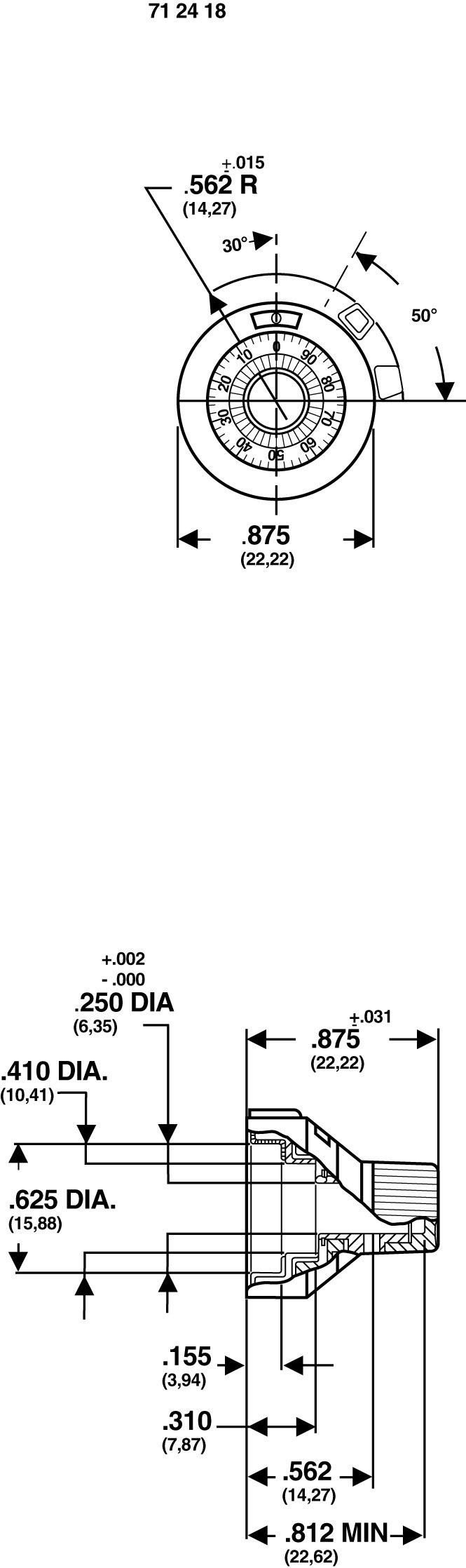 Technical drawing of a part with various dimensions and details. Top: radial cross-section, bottom: side view cross-section. Dimensions given in inches and millimetres.