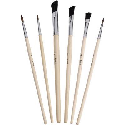 Six brushes with wooden handles and black bristles in various sizes. Primarily suitable for painting or art projects.