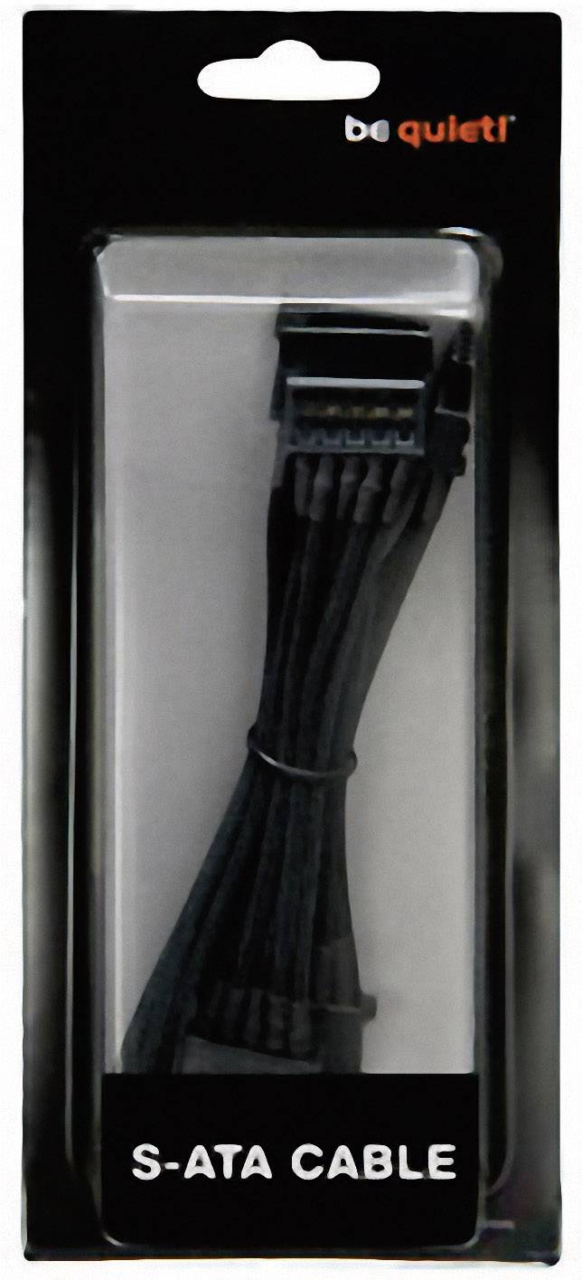 'Be quiet!' S-ATA cable, packaged. Black cable with connectors, ideal for computer hardware connections. Packaging in the background.<br><br>(Note: The translation maintains the original meaning and uses British English spelling and terminology.)