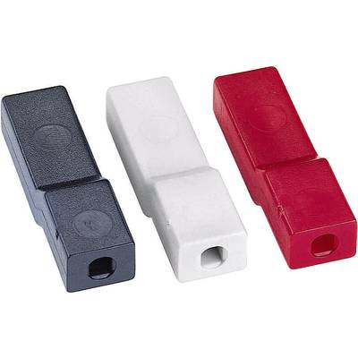 Three rectangular plastic blocks side by side in black, white and red.