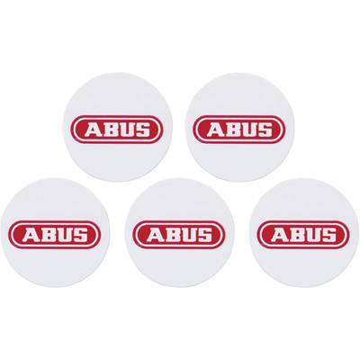 Five round stickers with a red 'ABUS' logo on a white background.