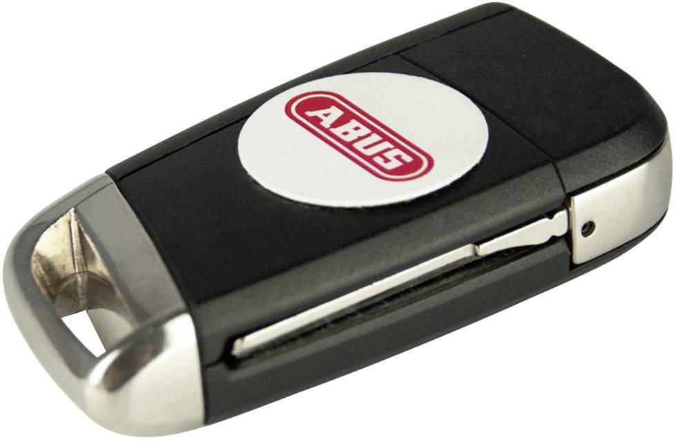 Black key ring with an oval white emblem and red 'ABUS' logo, with partial silver detailing.