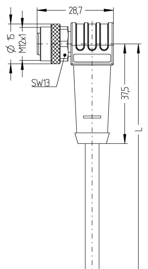 Technical drawing of a plug with dimensions: 28.7 mm wide and 37.5 mm high. Details show M12x1 thread and other measurements.