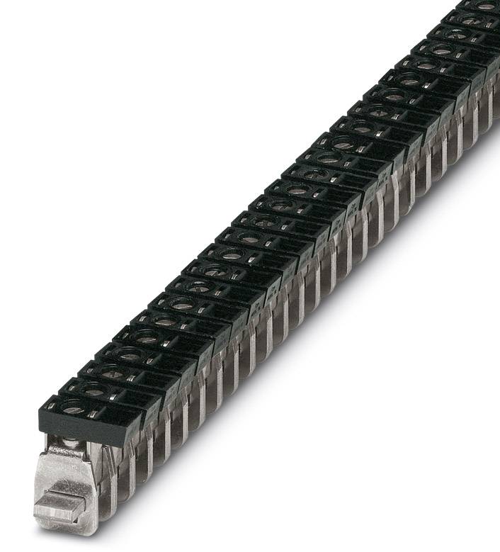 Black terminal block with numerous connections for electrical wiring, metal and plastic materials visible.