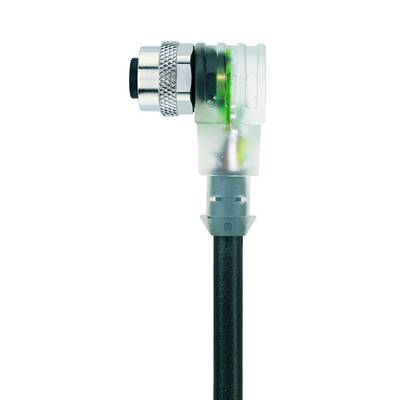 A right-angled connector with a black cable, partially transparent plastic housing, and metal threading.
