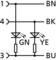Circuit diagram shows four terminals (1, 3, 4, BN, BK) and two diodes ('GN', 'YE'). Lines connect terminals, with resistors parallel to diodes.