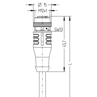 Top view of plug with M12 thread, total length 45.7 mm, diameter 15 mm; technical drawing with dimensional specifications.