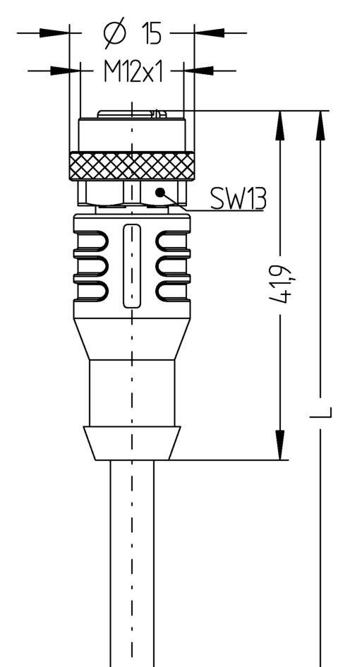Technical drawing of an M12 connector with Ø 15 mm, thread M12x1. Total length 41.9 mm, spanner size SW13.