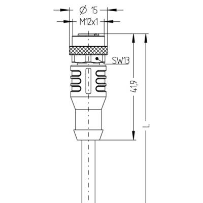 Technical drawing of an M12 connector with Ø 15 mm, thread M12x1. Total length 41.9 mm, spanner size SW13.