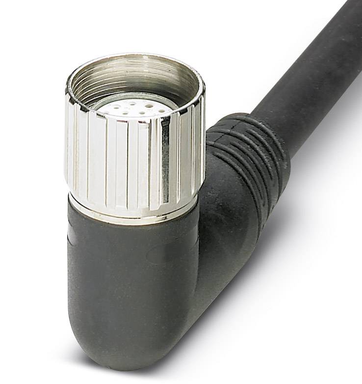 Black angled cable plug with silver screw connection.