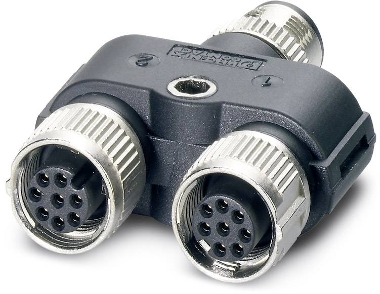 A black T-adapter with three 7-pin sockets, each with silver knurled nuts, for connecting electronic devices.