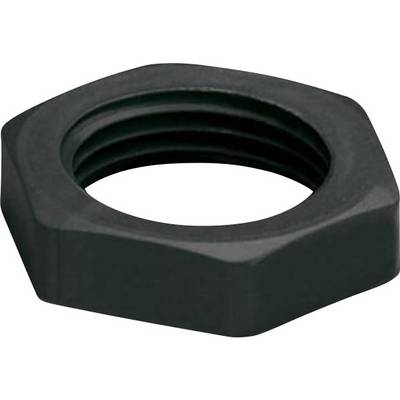 Black hexagonal metal nut, lying on its side. Used for securing screws or bolts in technical applications.