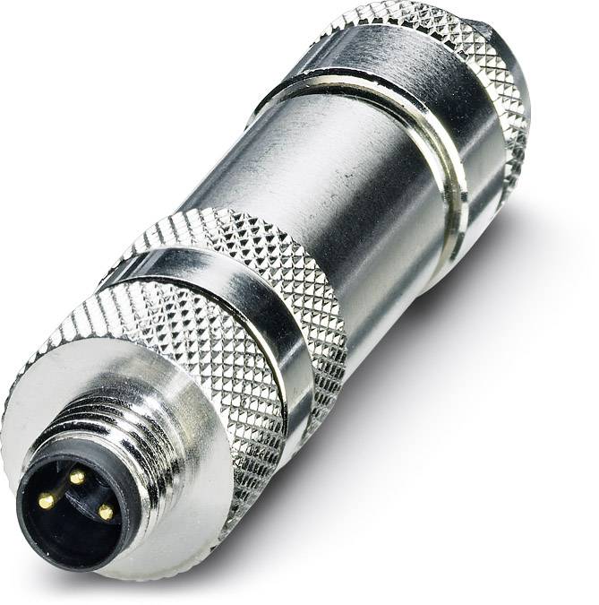 Close-up of a metallic connector with three pins, suitable for industrial applications. The surface is ribbed for better grip.