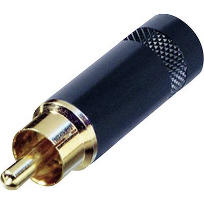 A black and gold-coloured RCA plug, commonly used for audio and video connections.