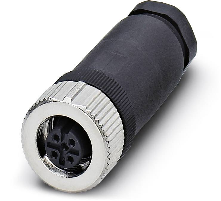 Black, cylindrical plug with a ribbed metal ring and multiple connection pins, set against a white background.