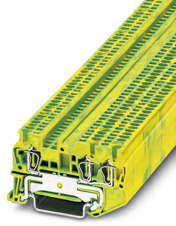 Yellow-green terminal block with metal clips, suitable for electrical wiring and industrial applications.