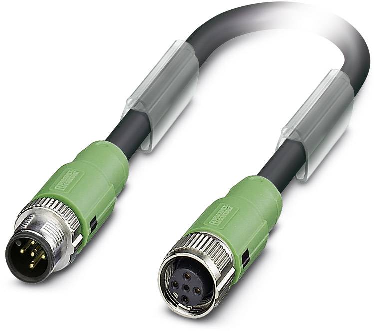 Green M12 connection cable with 5-pin male and female connectors, used for industrial applications.