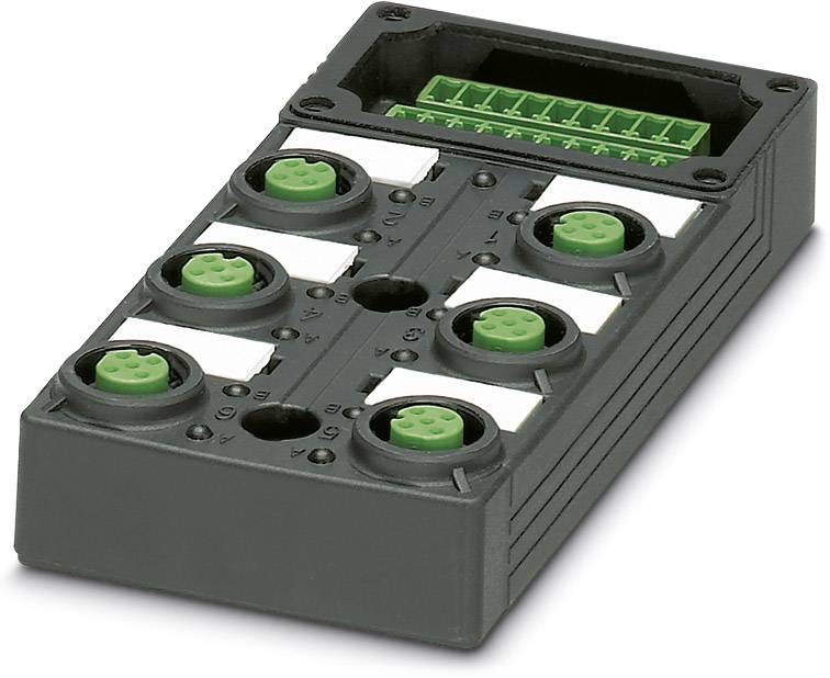 Electronic module mounted on a black housing, featuring six round green connectors and a rectangular connector on the top.