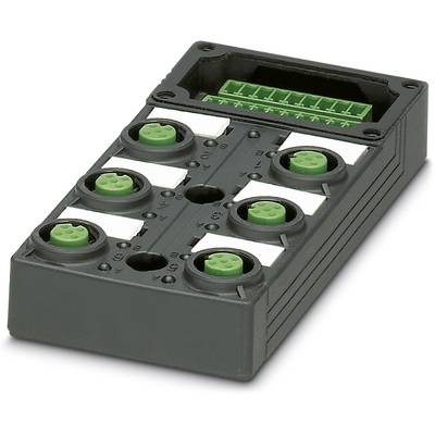Electronic module mounted on a black housing, featuring six round green connectors and a rectangular connector on the top.