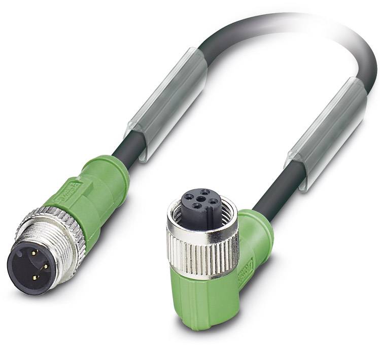 'A green, angled M12 connection cable with a plug system for industrial applications, suitable for harsh environments.'