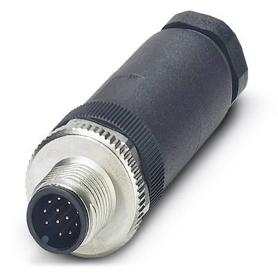 A black cylindrical M12 connector with metal threading and multiple contact pins, used for electronic connections.