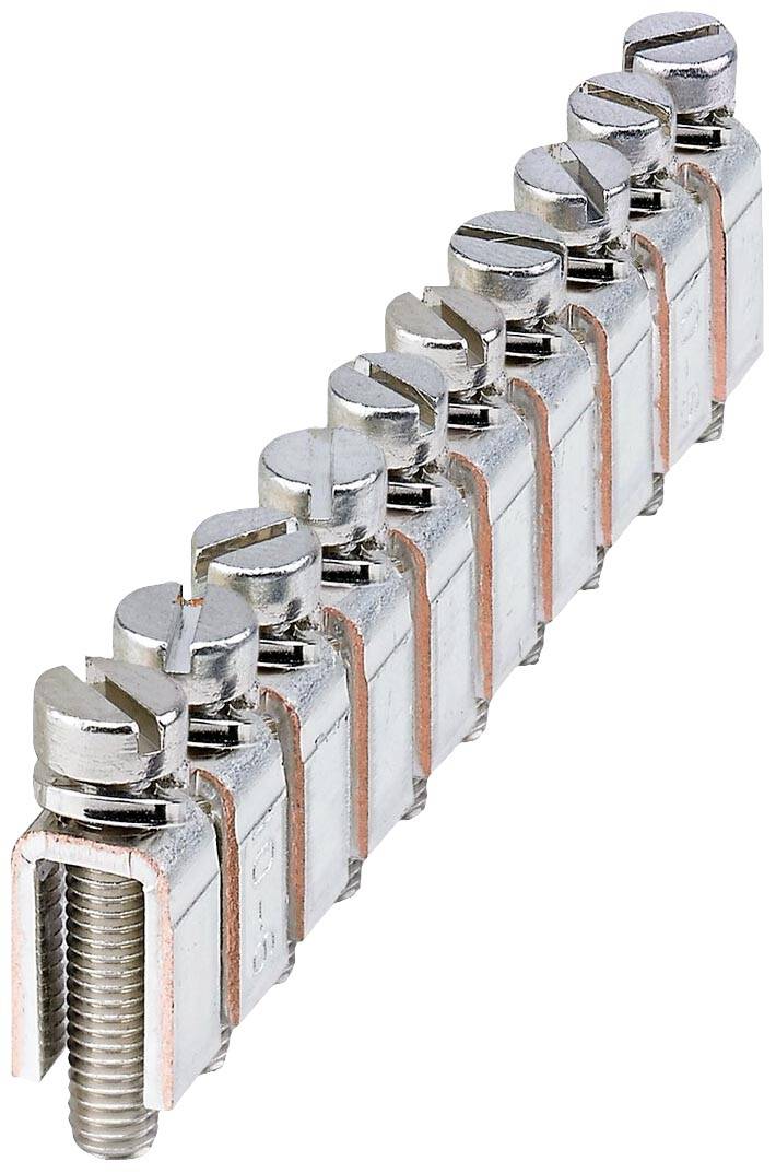 'Metal terminal block with multiple screw connections, suitable for connecting electrical cables, photographed from an overhead perspective.'